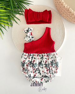 Kokina Çiçek Desen Tek Omuz XL Bandanalı Romper Set-KIRMIZI