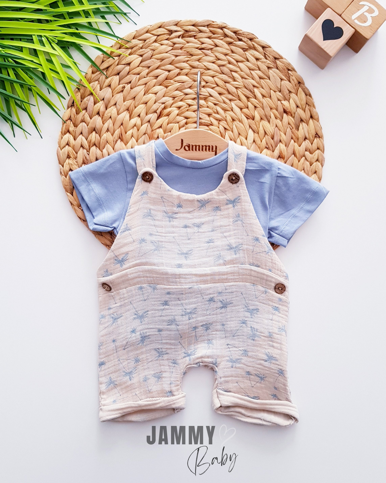 Leaf Muslin Salopet ve Vücut Seti - MAVİ