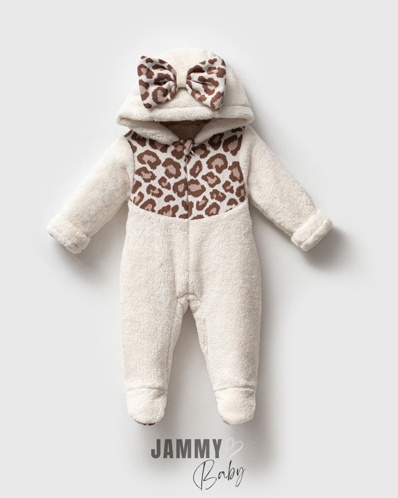 Lüks Koleksiyon Pamuklu Astarlı Leopar Peluş Tulum-ECRU