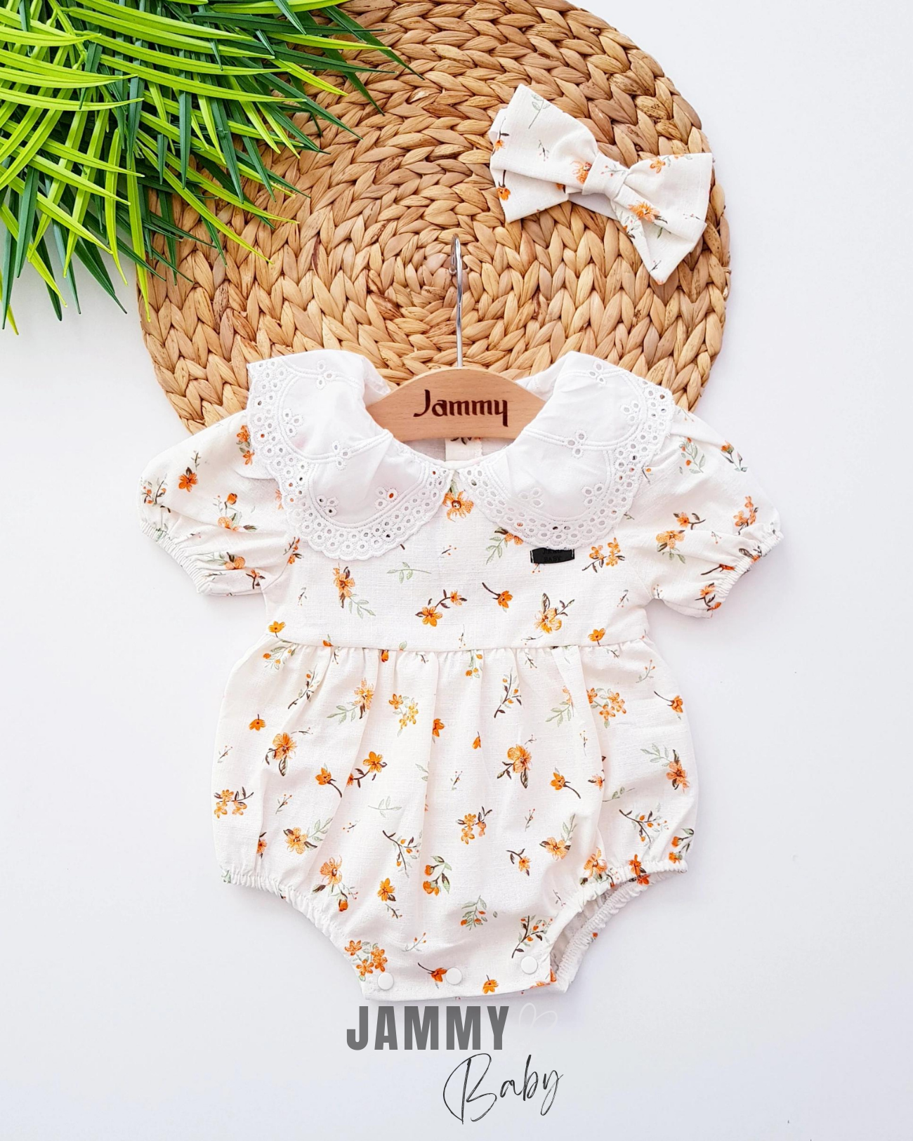 Lydie Lace Bebek Yaka Bandana Romper Seti-TURUNCU