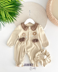 Mariela Floral Bonnet and Hat Overalls Set-BEIGE