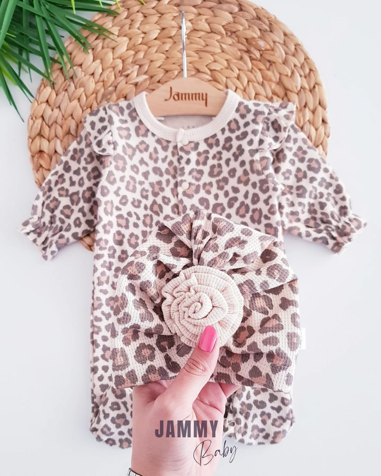 Marseille Leopard Print Bonnet Hat Waffle Jumpsuit Set