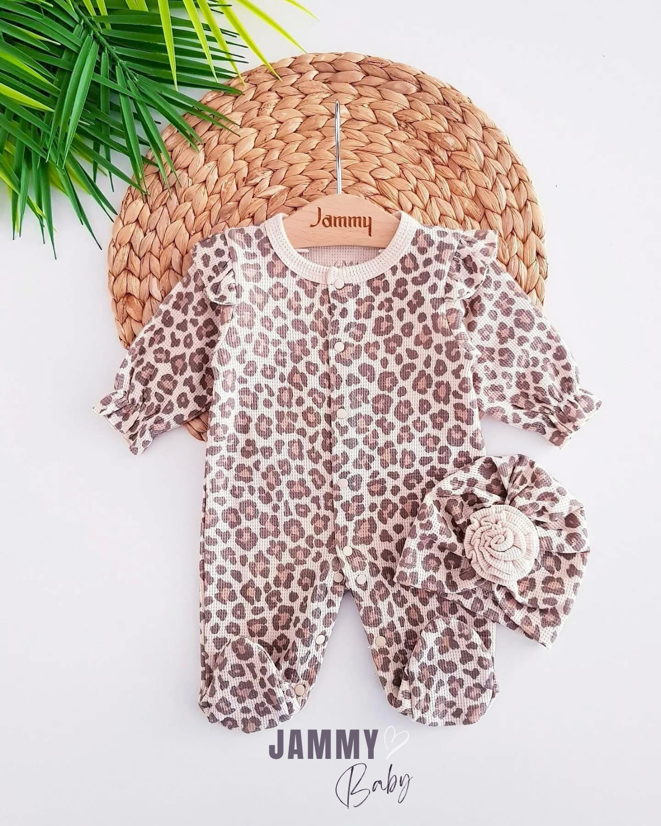 Marseille Leopard Print Bonnet Hat Waffle Jumpsuit Set