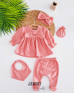 Martina Collar Bow Detailed 5 Piece Newborn Set - DRIED ROSE