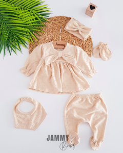 Martina Collar Bow Detailed 5 Piece Newborn Set - BEIGE