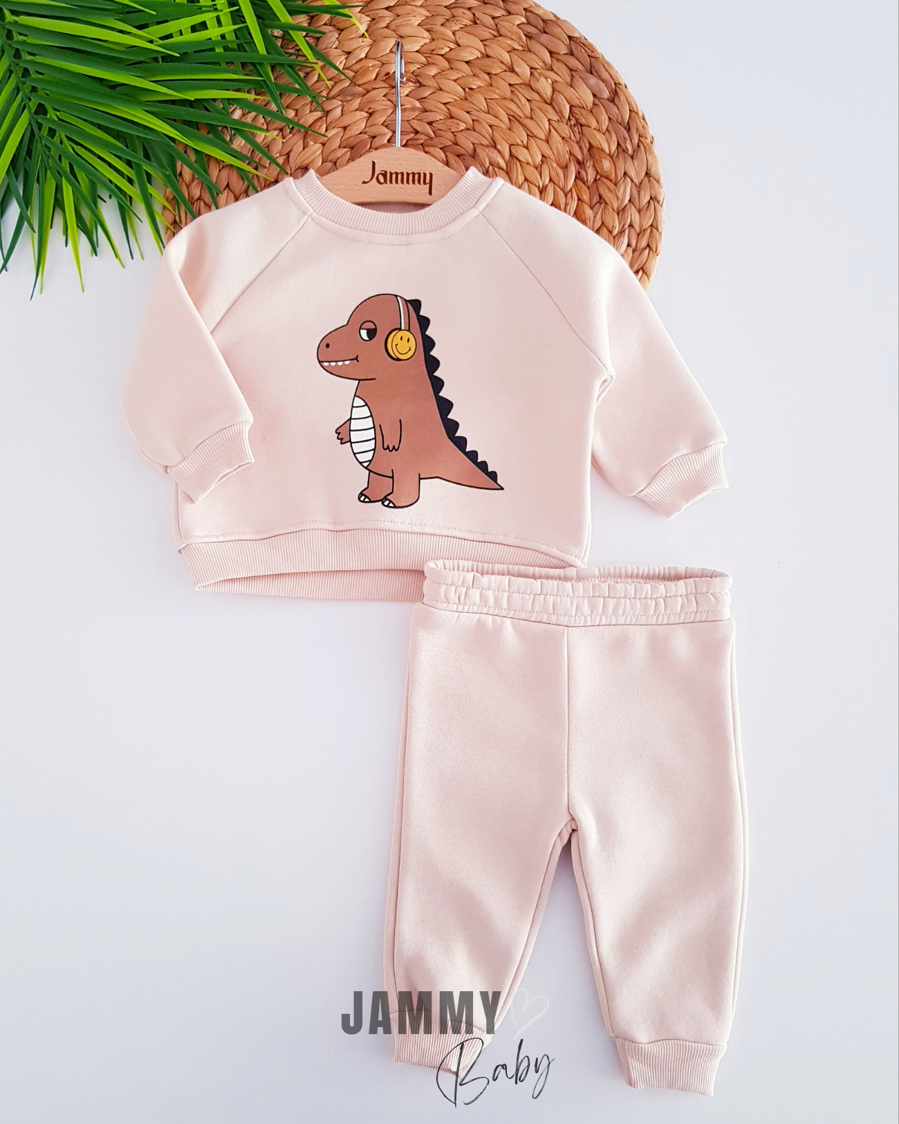 Musical Dinosaur Raised Sweat Suit-BEIGE