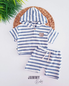 Neo Teddy Bear Emblem Hooded Shorts Set-NAVY BLUE