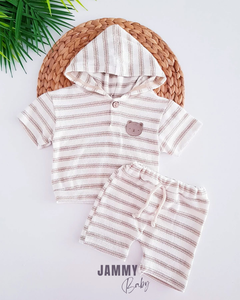 Neo Teddy Bear Emblem Hooded Shorts Set-BEIGE