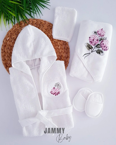 Hydrangea Embroidered 4 Piece Bathrobe Set-ECRU