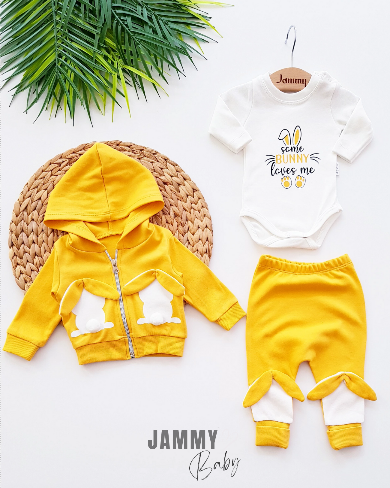 Pompom Rabbit Cardigan 3 Piece Set-MUSTARD