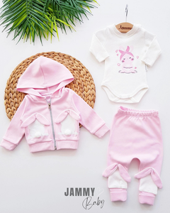 Pompom Rabbit Cardigan 3 Piece Set-PINK