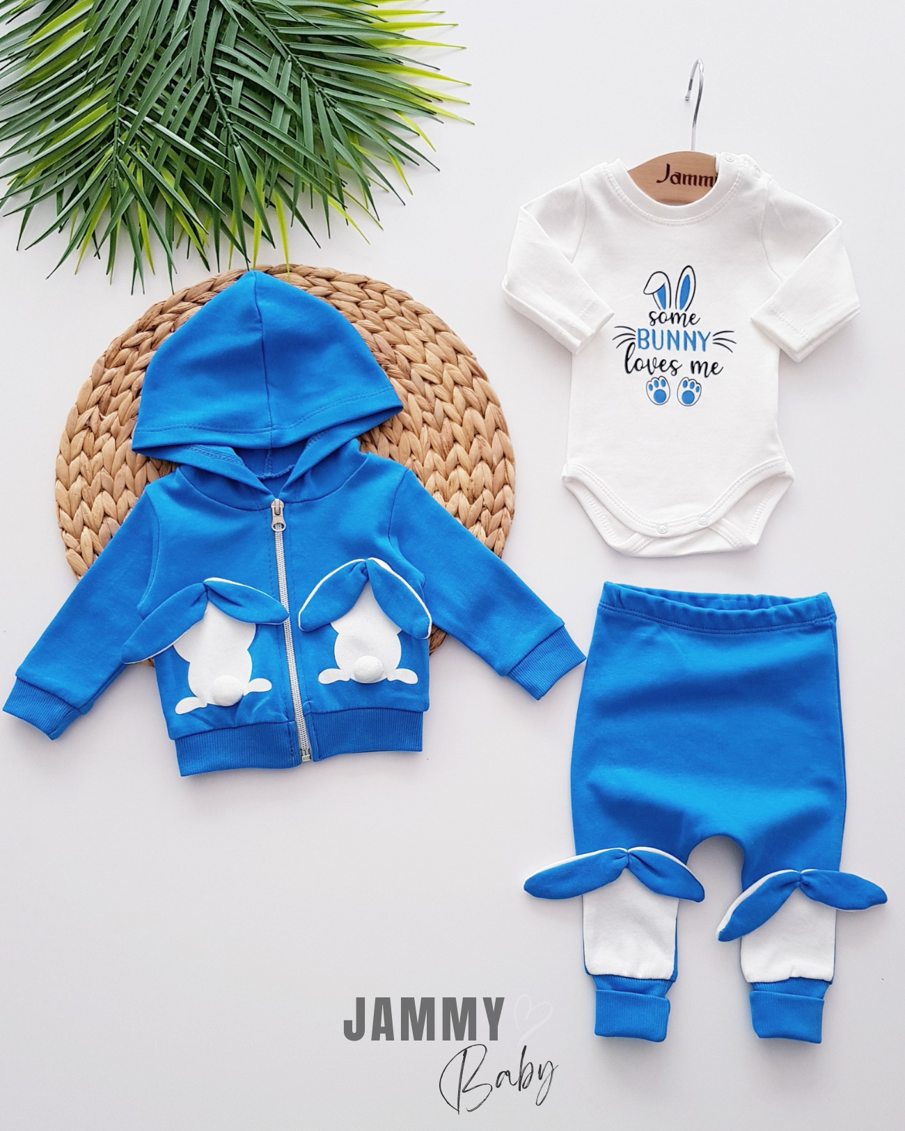 Pompom Rabbit Cardigan 3 Piece Set-SAKS BLUE