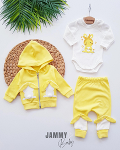 Pompom Rabbit Cardigan 3 Piece Set-YELLOW