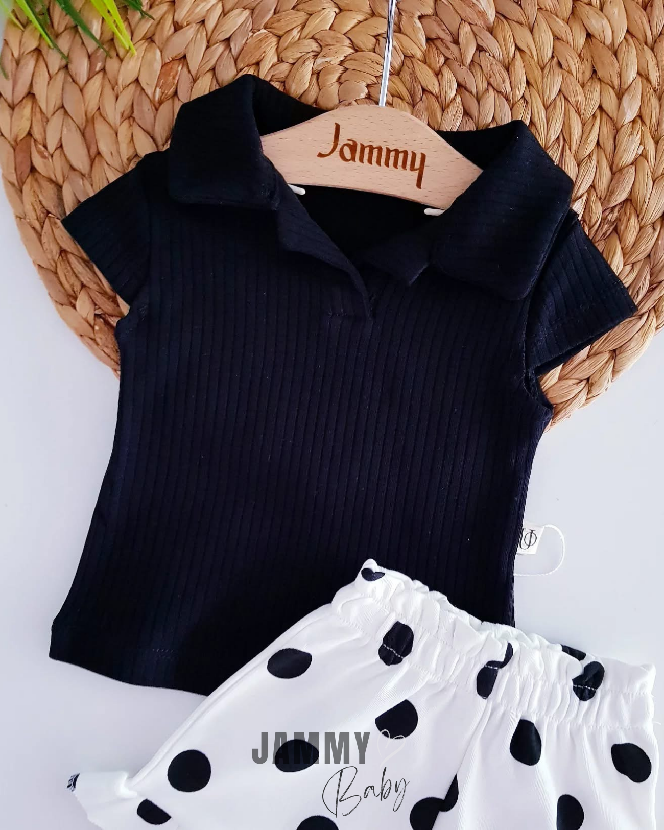 Polka Dot Shorts / Lacoste Collar Casco Tshirt Set-BLACK