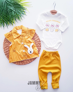 Sequined Rabbit Vest 3-Piece Set-MUSTARD