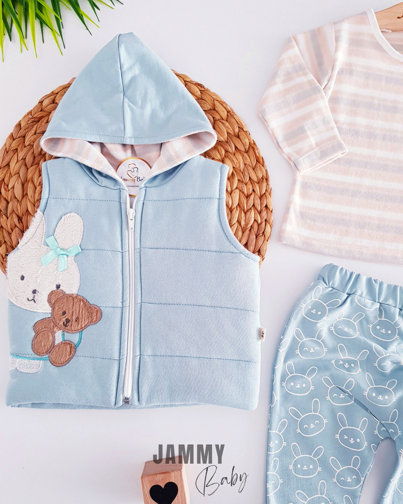 Rabbit&Bear Puffer Vest 3 Piece Set-GREEN