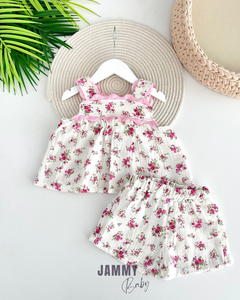 Roses Muslin 2 Piece Set with Shorts - ECRU
