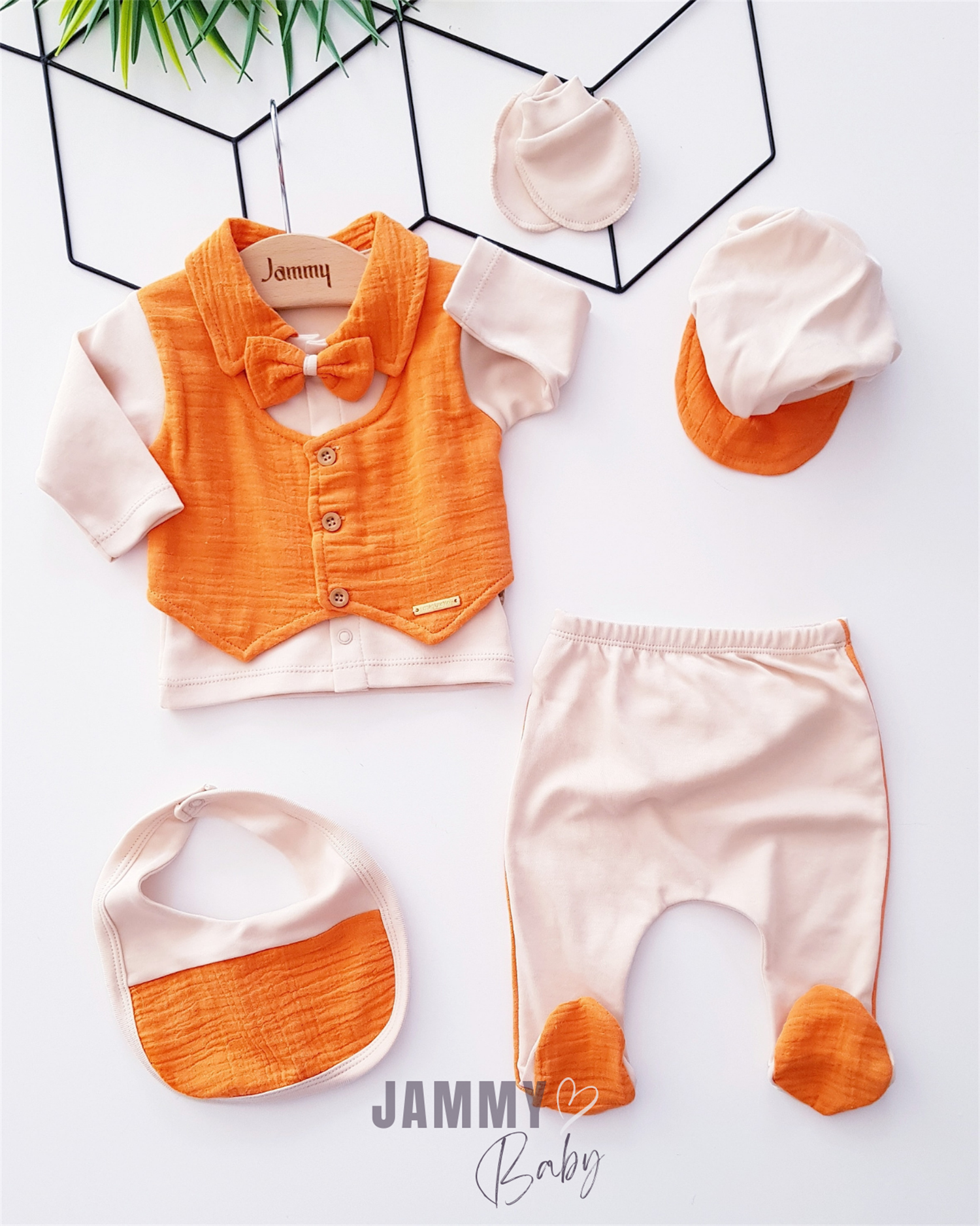 Şehzede Vest Muslin 5 Piece Newborn Set-ORANGE