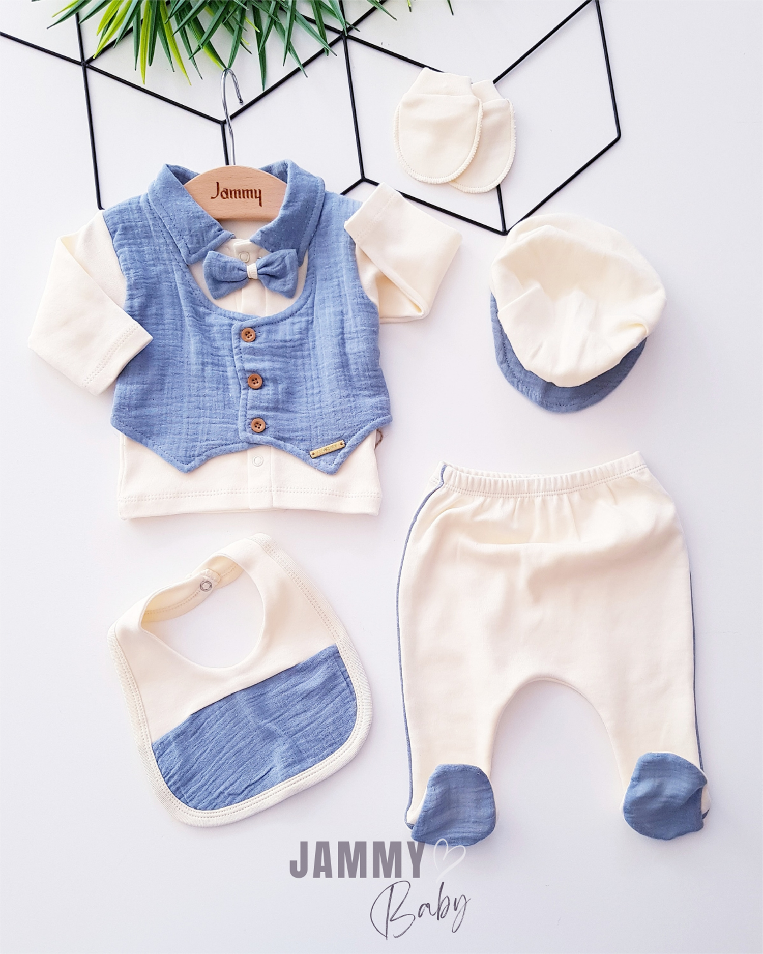Şehzede Vest Muslin 5 Piece Newborn Set - INDIGO