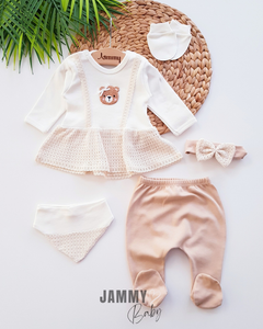 Cute Teddy Bear Mesh Lace Detailed 5 Piece Newborn Set-EKRU