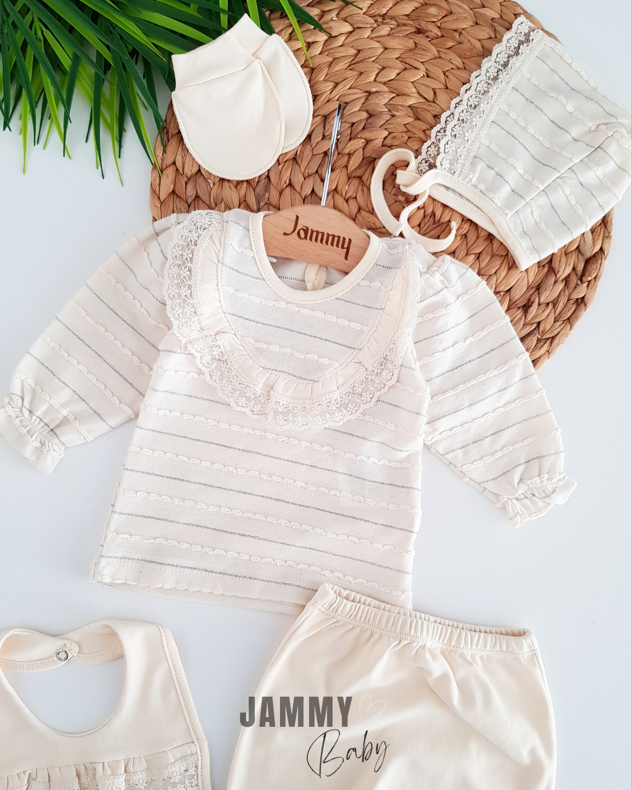 Shiny Sim Detail 5 Piece Newborn Set-CREAM