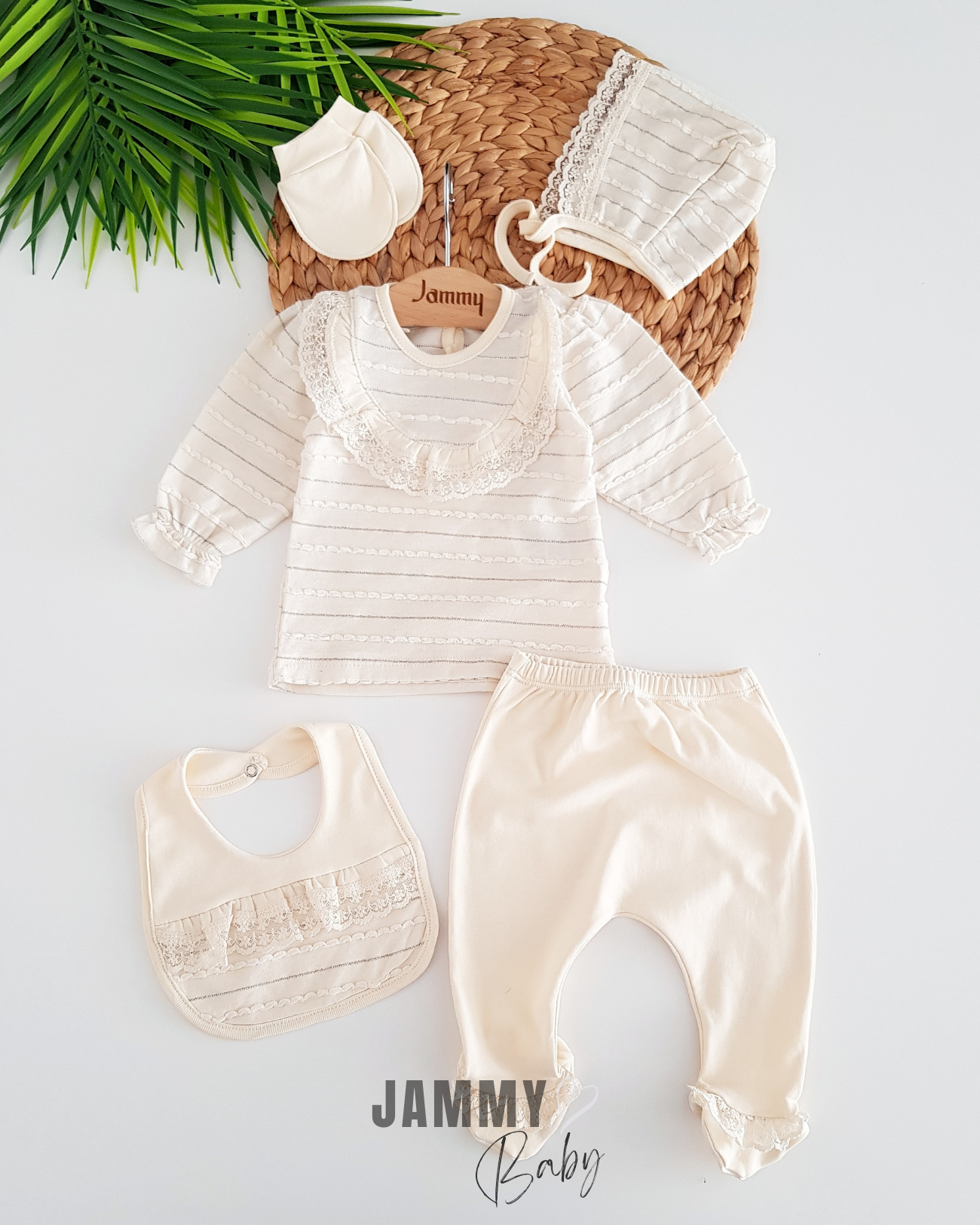 Shiny Sim Detail 5 Piece Newborn Set-CREAM