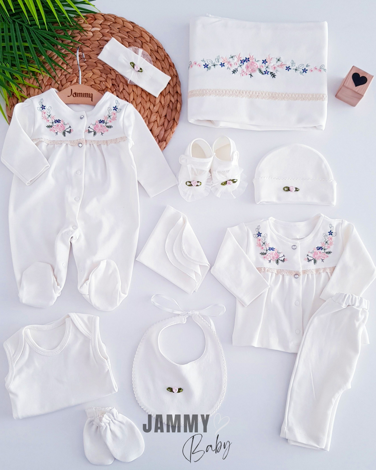 Row Flower Embroidery 11 Piece Hospital Exit Set-ECRU