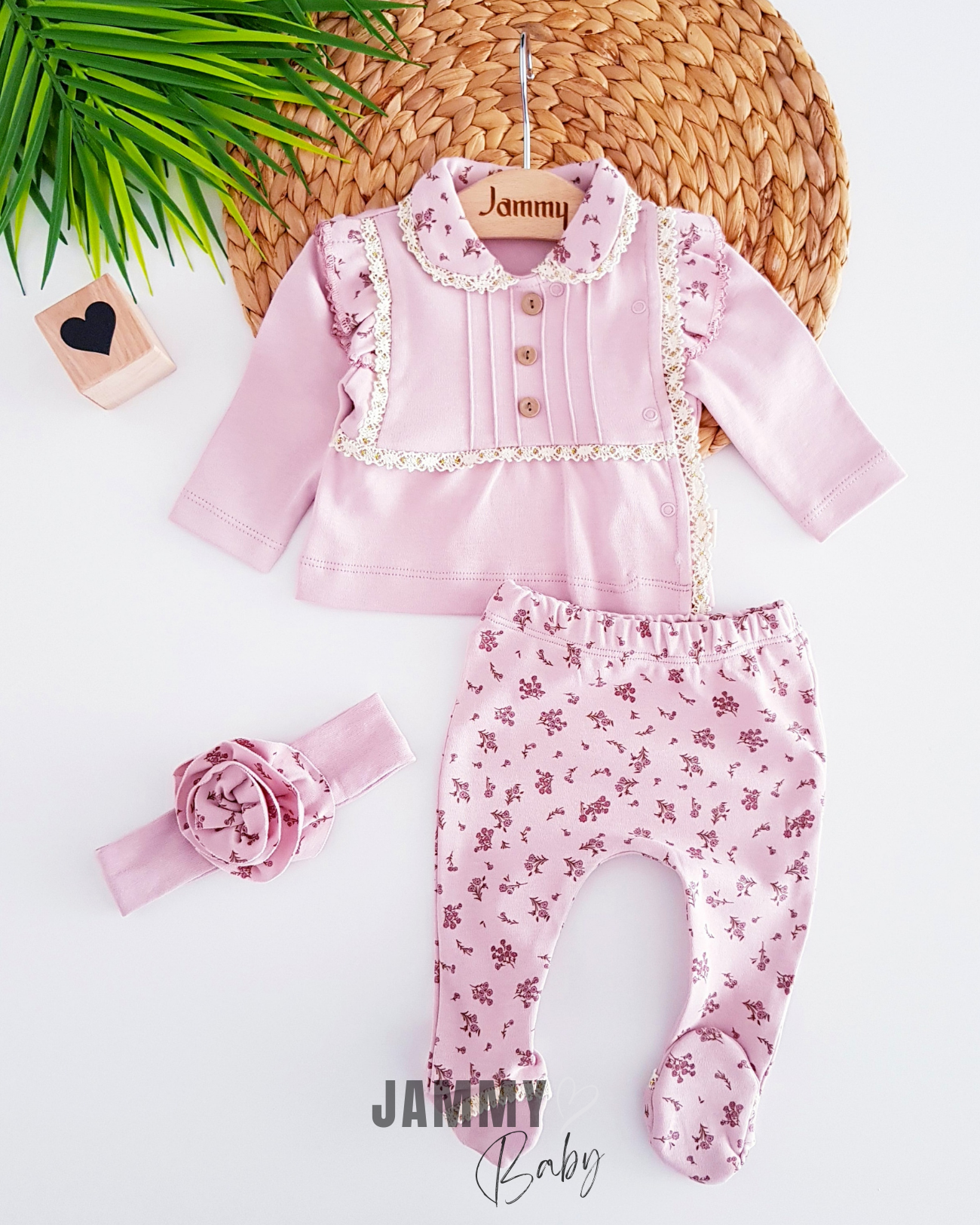 Small Roses Lace Newborn 3-Piece Set-DRY ROSE