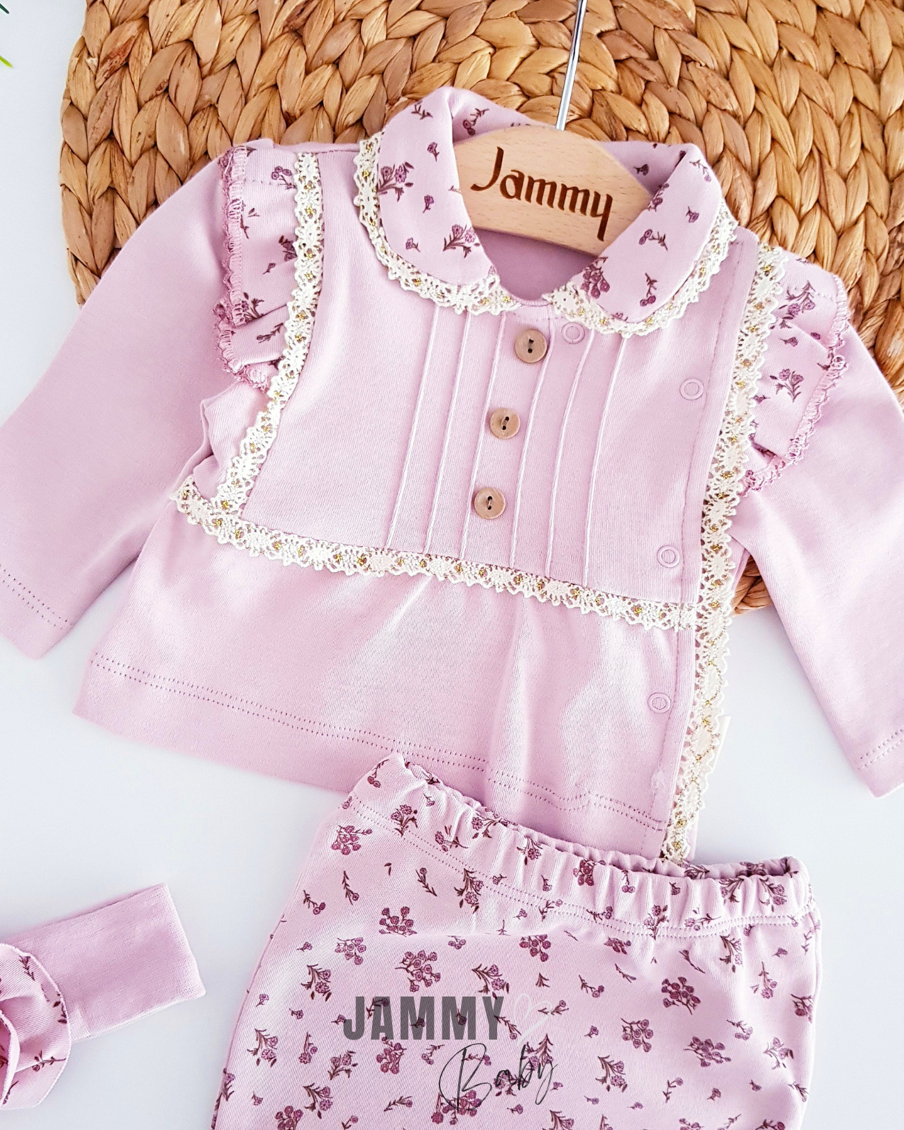 Small Roses Lace Newborn 3-Piece Set-DRY ROSE