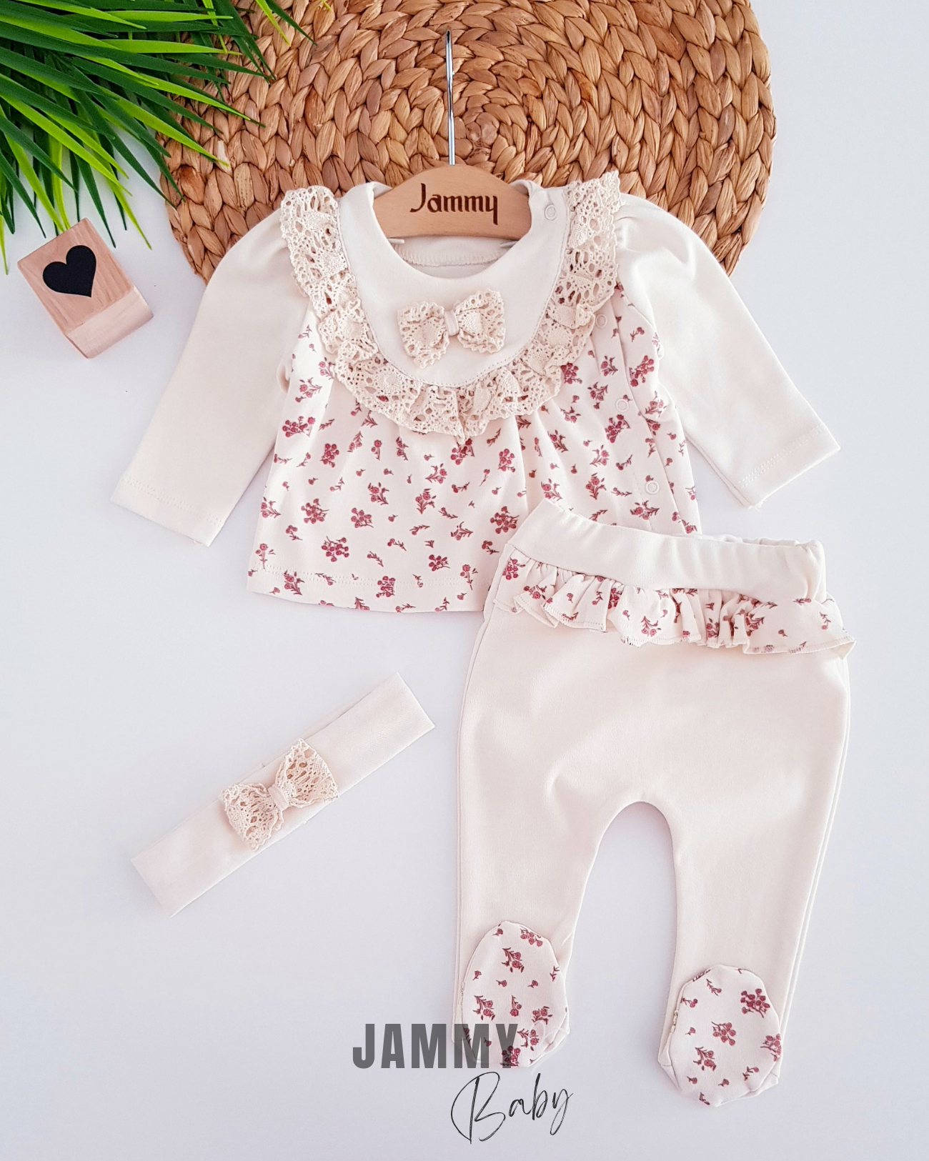 Small Roses Lace Newborn 3-Piece Set-CREAM