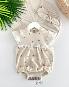 Sophia Lace Ribbed Romper Set-BEIGE