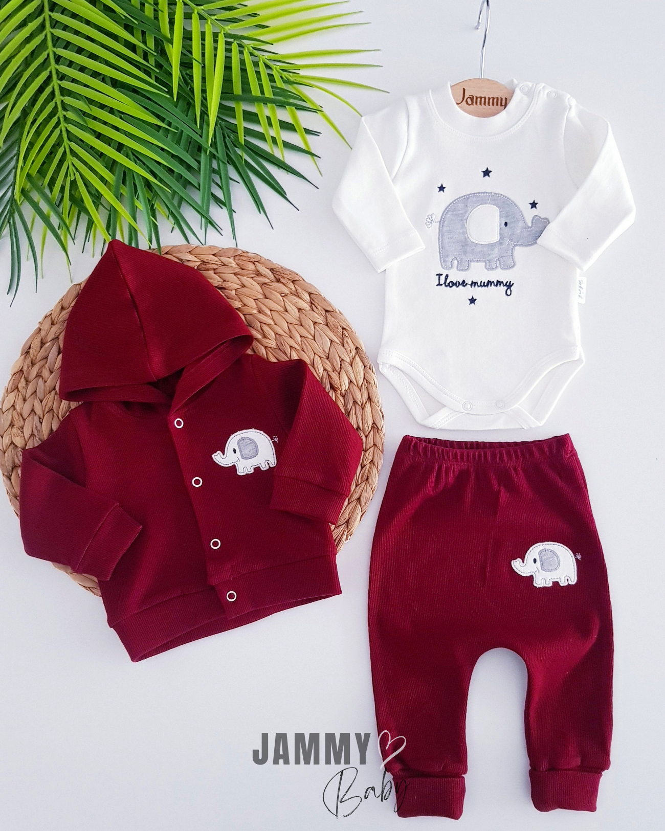 Star Elephant Cardigan 3-teiliges Set - Weinrot