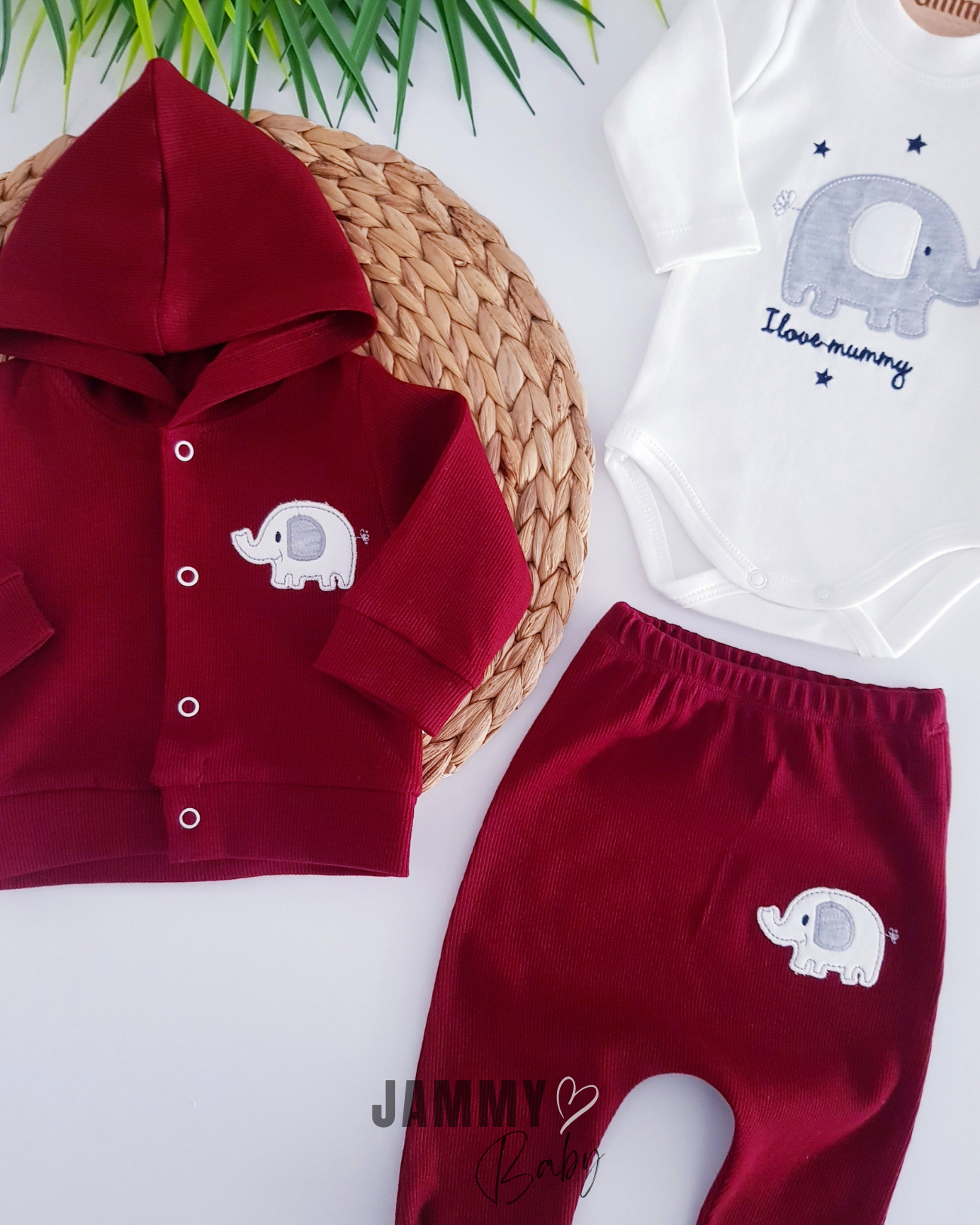 Star Elephant Cardigan 3-teiliges Set - Weinrot