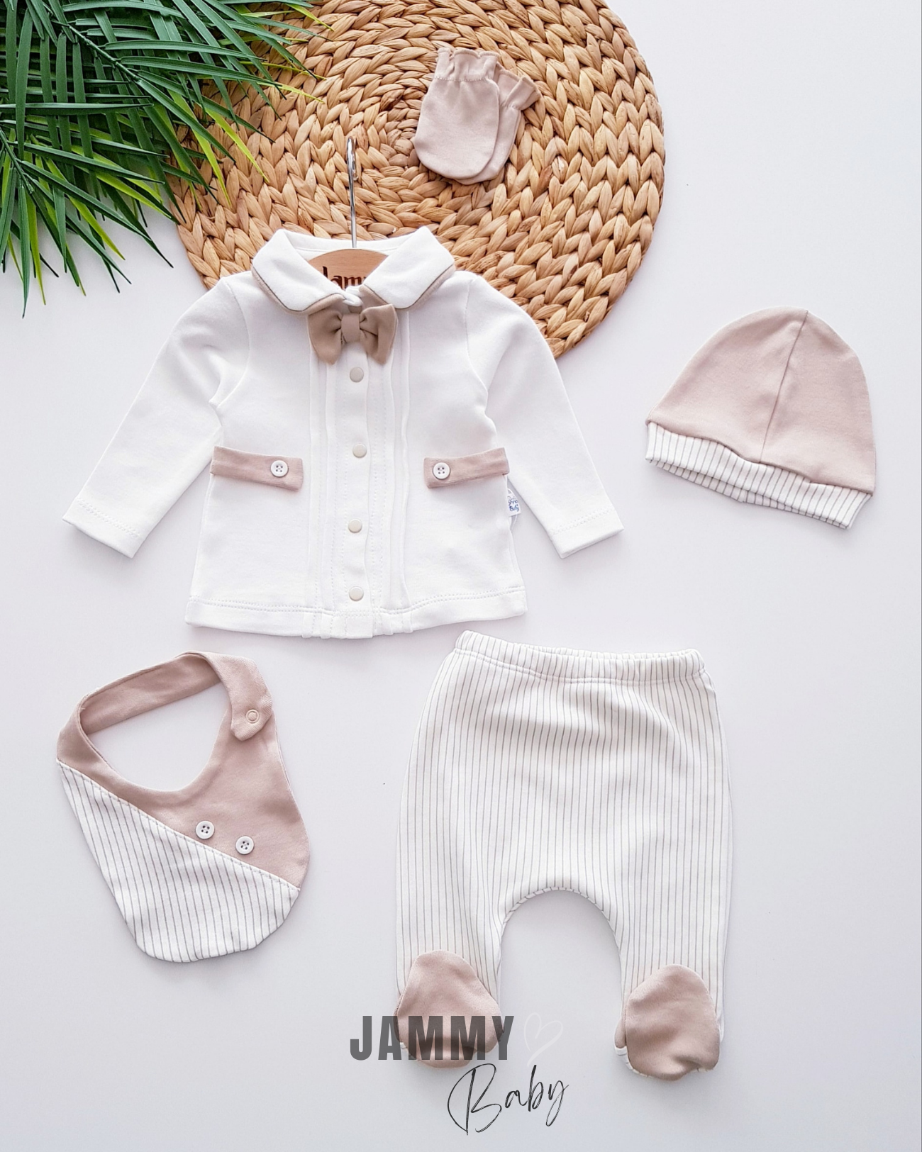 Striped Bow Tie 5 Piece Newborn Set-BEIGE