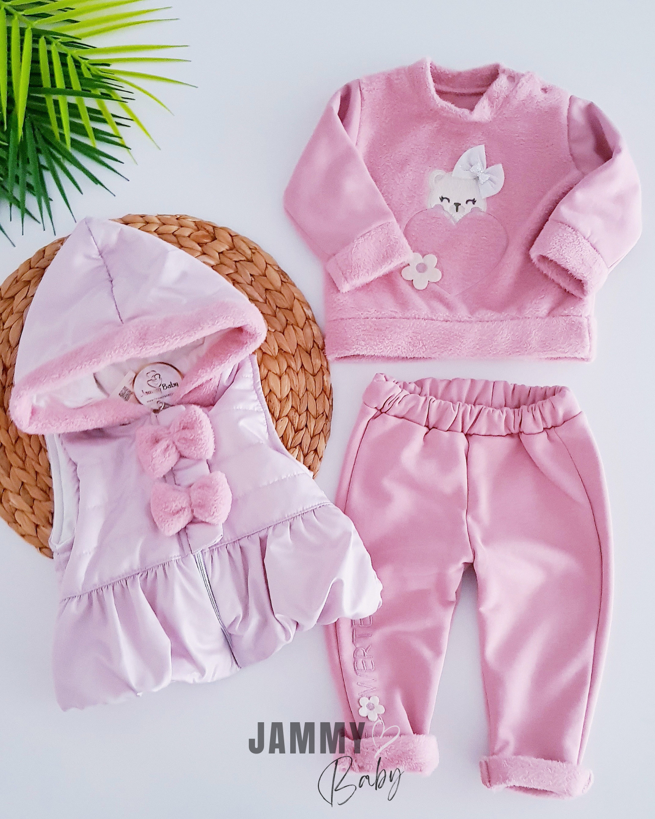 Fancy Teddy Bear 3-garen Polar Puffer Vest Set-ROZE