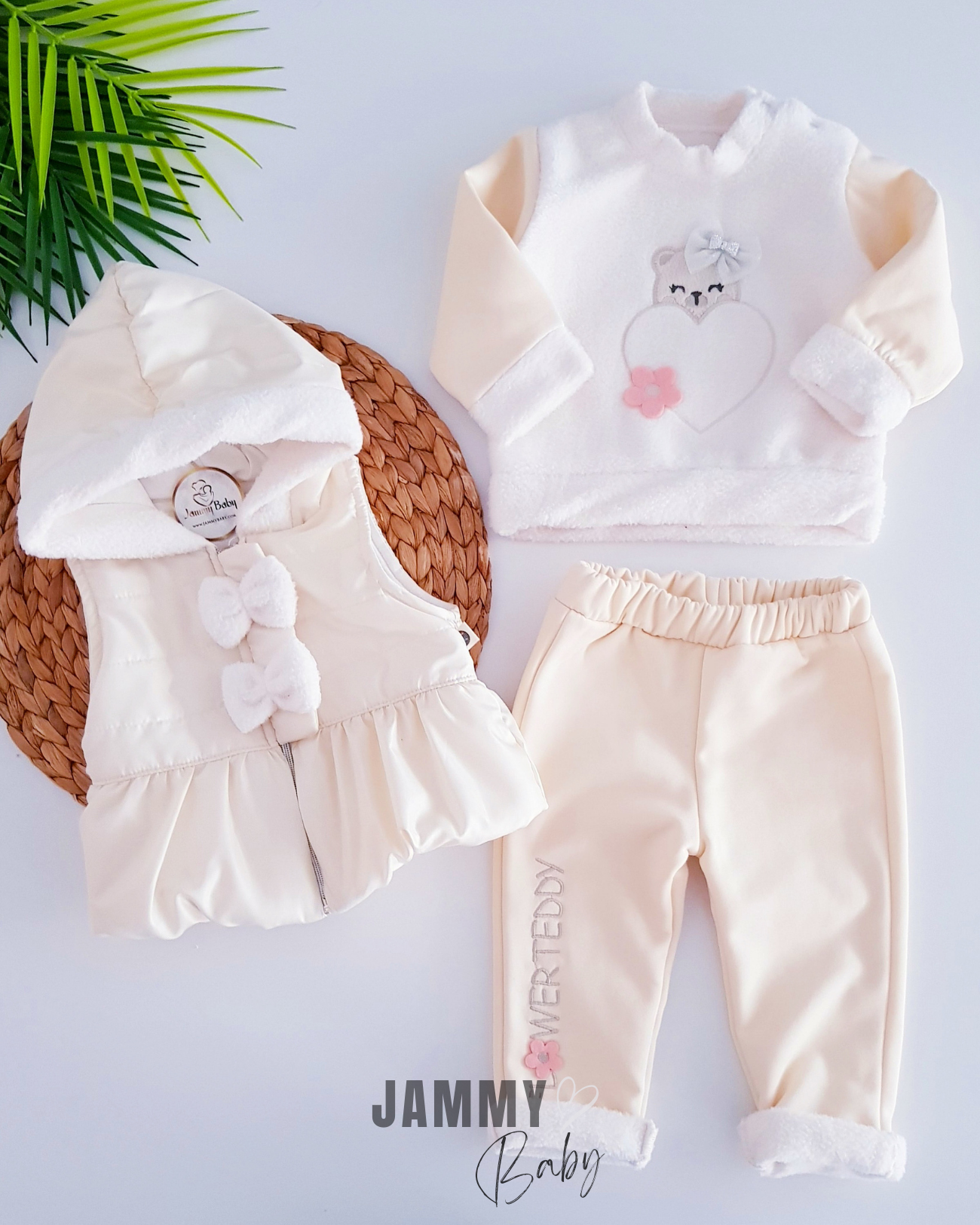Fancy Teddy Bear 3-garen Polar Puffer Vest Set-CRÈME