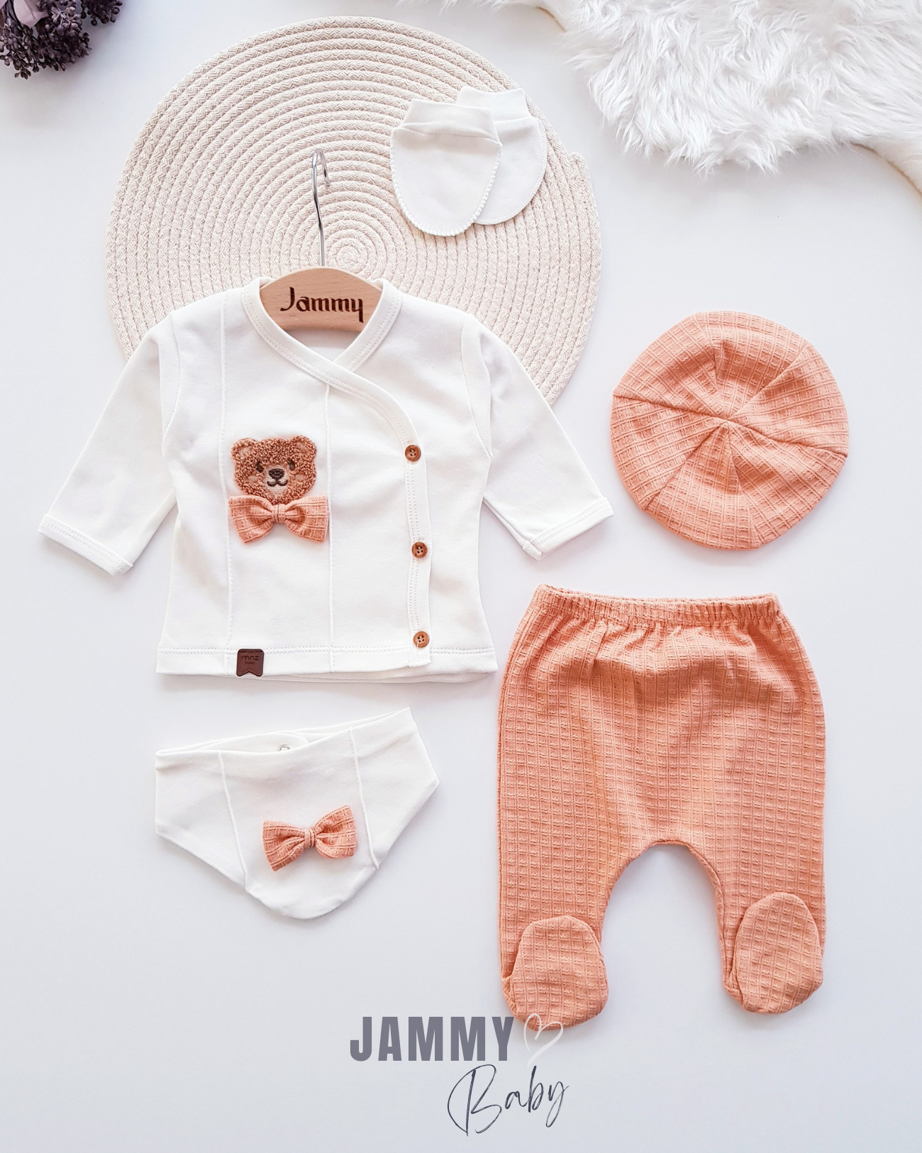 Süzene Teddy Bear 5 Piece Newborn Set with Cap - ORANGE