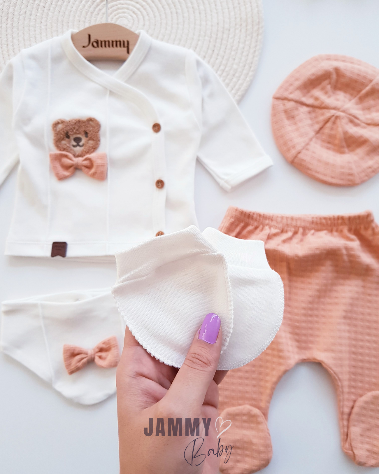 Süzene Teddy Bear 5 Piece Newborn Set with Cap - ORANGE