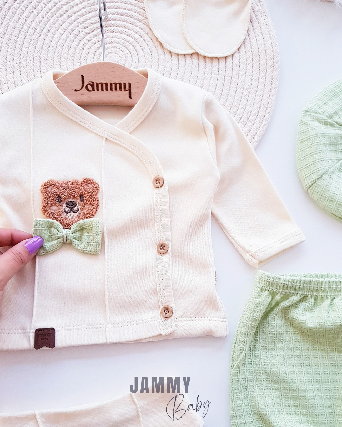Süzene Teddy Bear 5 Piece Newborn Set with Cap - GREEN