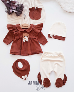 Süzene Teddy Bear Camisole 5 Piece Newborn Set-BROWN