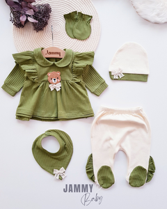 Süzene Teddy Bear Camisole 5 Piece Newborn Set-GREEN