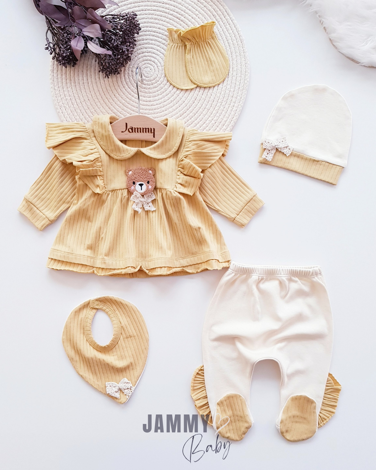 Süzene Teddybär-Unterhemd, 5-teiliges Neugeborenen-Set, Helles Senfgelb