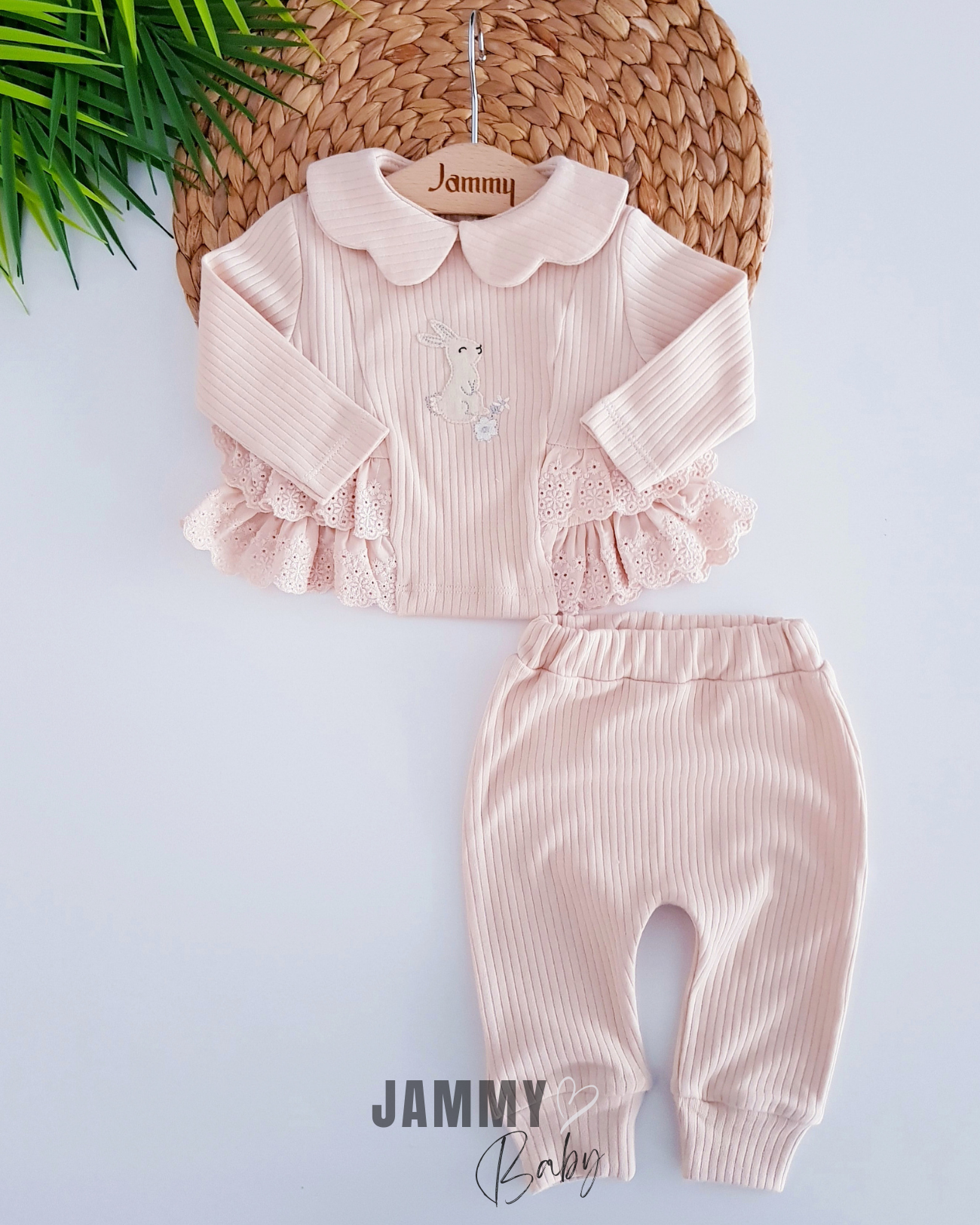 Rabbit Embroidered Laced Camisole Set-BEIGE