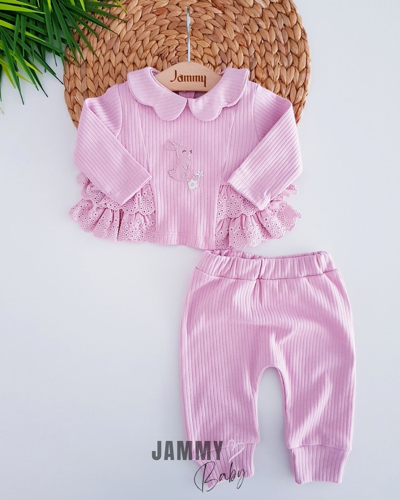 Rabbit Embroidered Laced Camisole Set-PINK