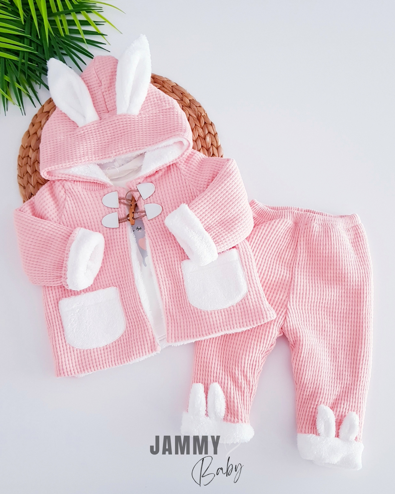 Rabbit Ear Quilted Coat 3-Piece Set-SALMON