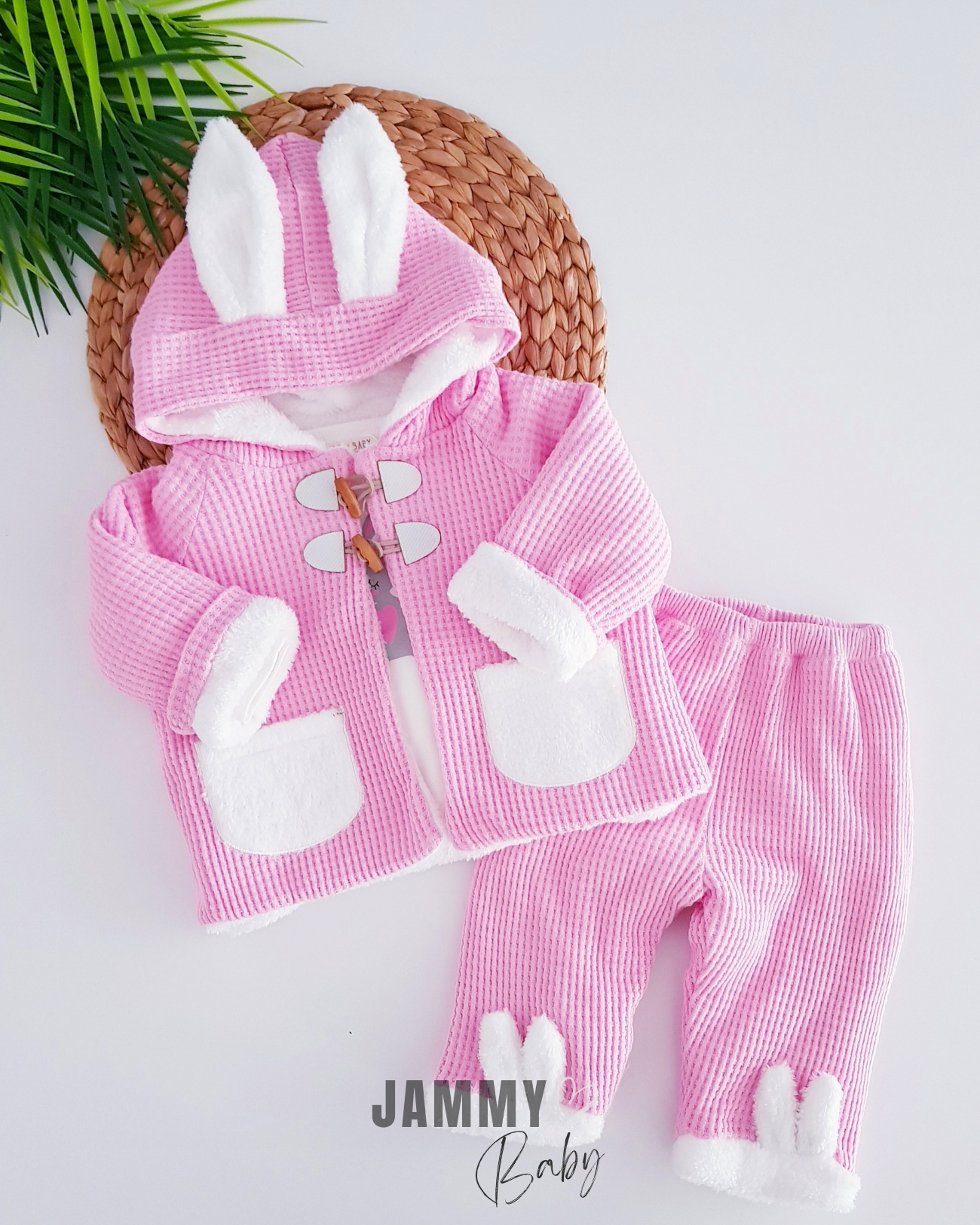 3-teiliges Set mit Steppmantel mit Kaninchenohren – PINK