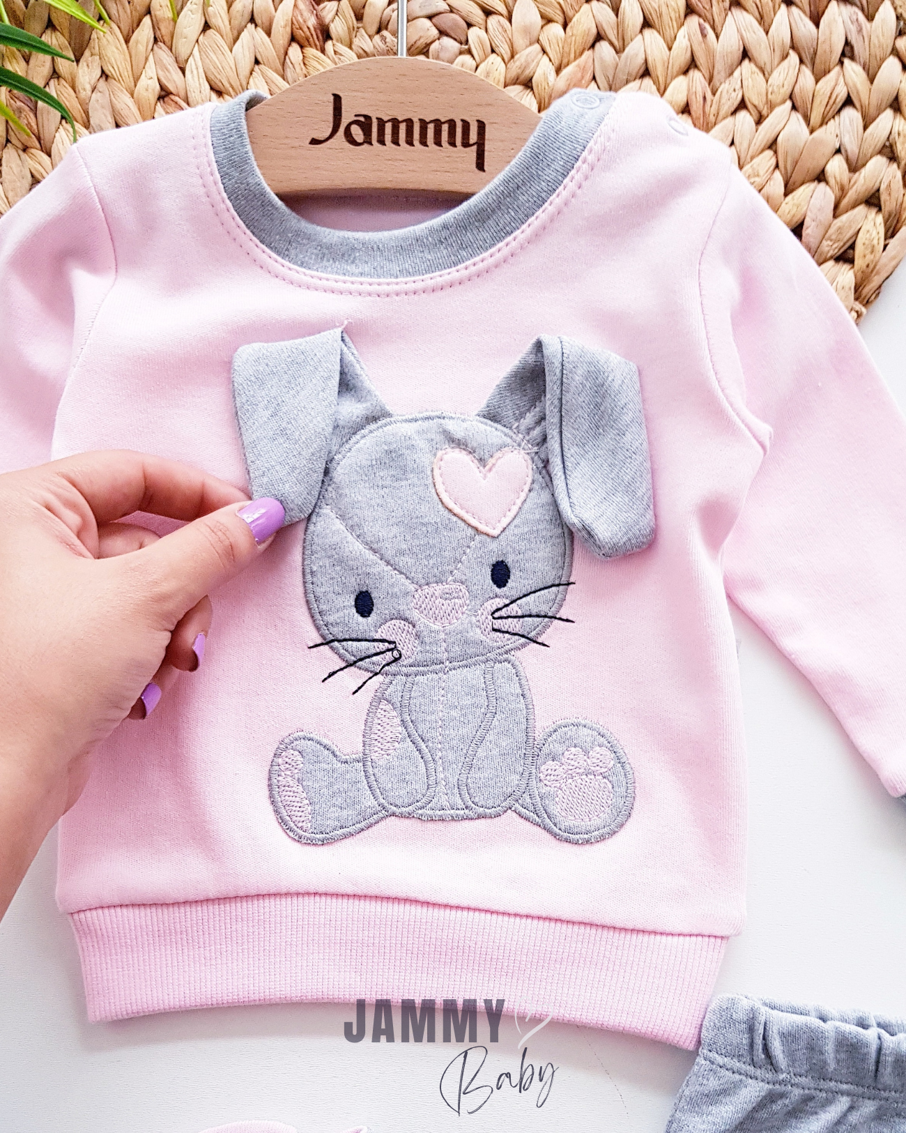 Tavşan İşlemeli Atkı 3 Parça Set-PEMBE
