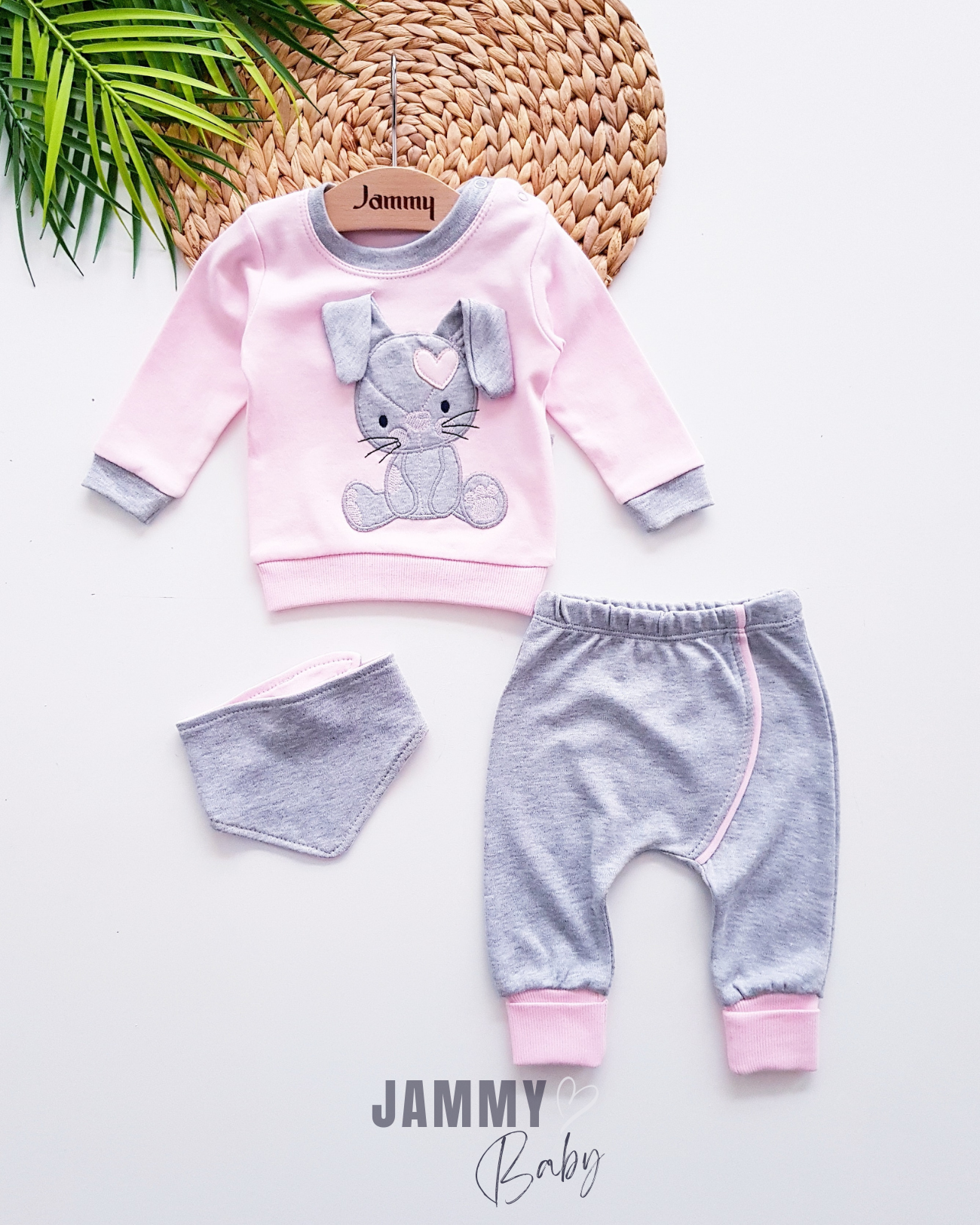 Tavşan İşlemeli Atkı 3 Parça Set-PEMBE