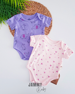 Rabbit&Flower Themed Organic 2-Piece Short Sleeve Bodysuit Set-PURPLE/PINK