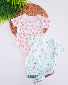 Rabbit&Butterfly Themed Organic 2-Piece Short Sleeve Bodysuit Set-MINT/PINK